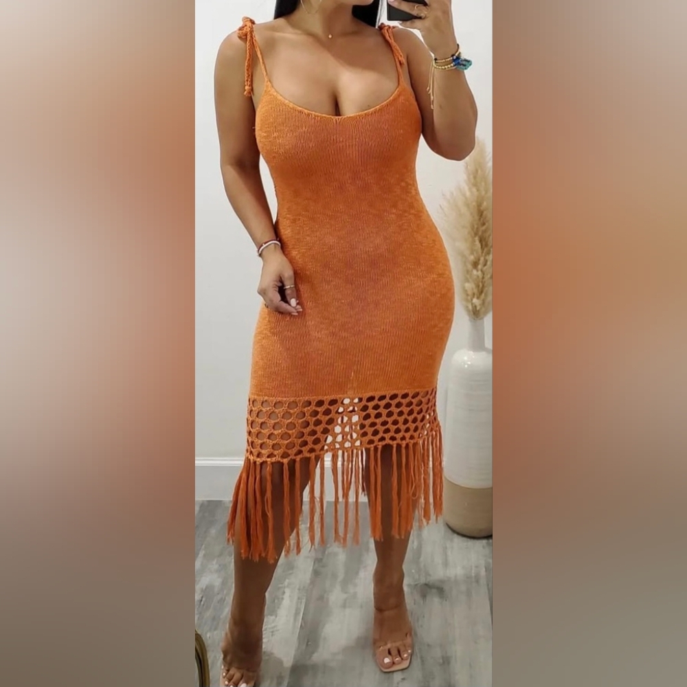 Casual Orange Midi Pencil Dress with Cut Out Style
